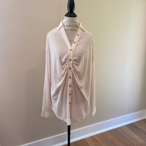 Listicle Women's Cream Sheer‎ Ruched Long Sleeve Button Up Shirt Size L